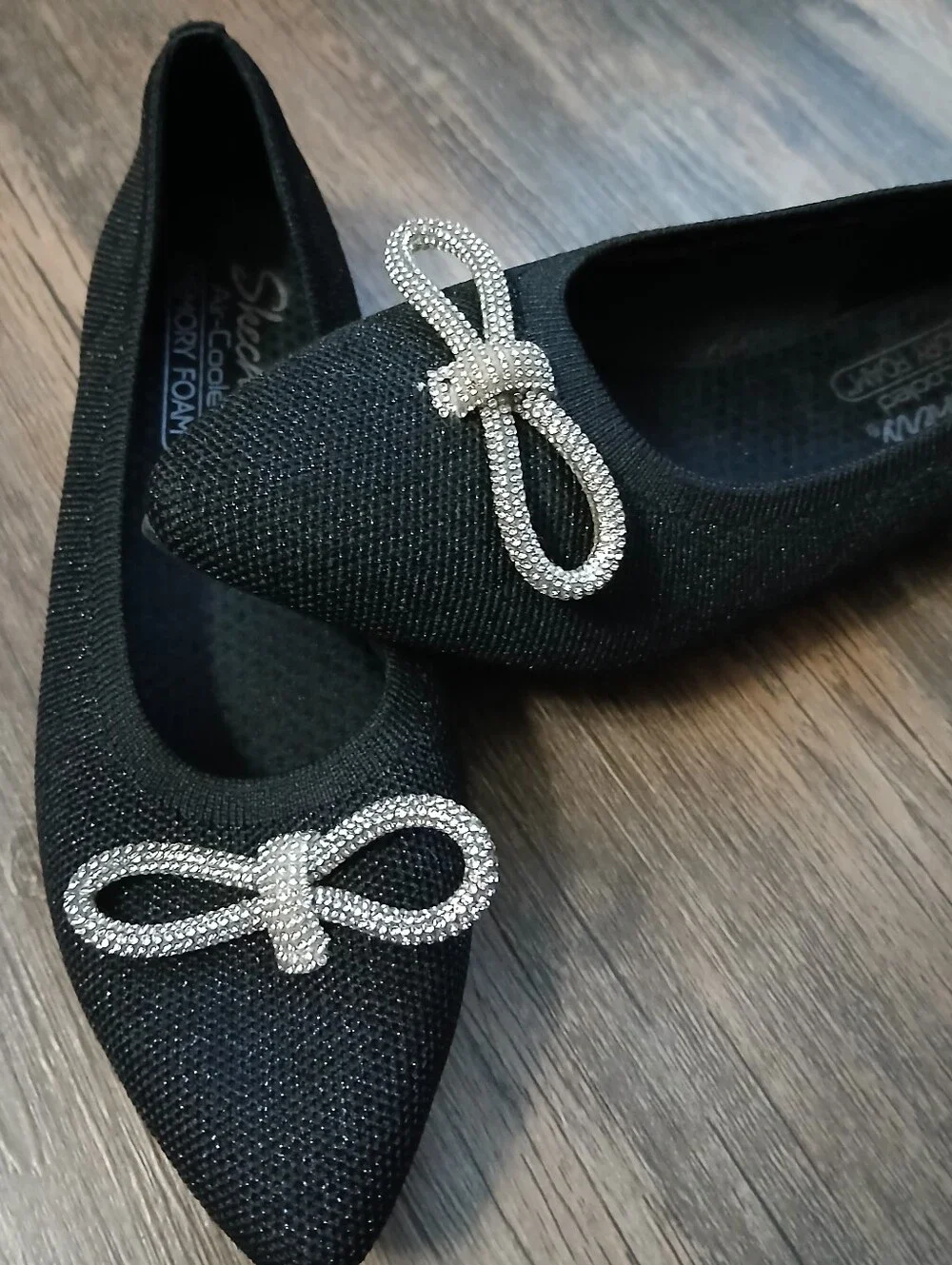 Skechers Black Pointed Toe Flats with Rhinestone Bow Accent
